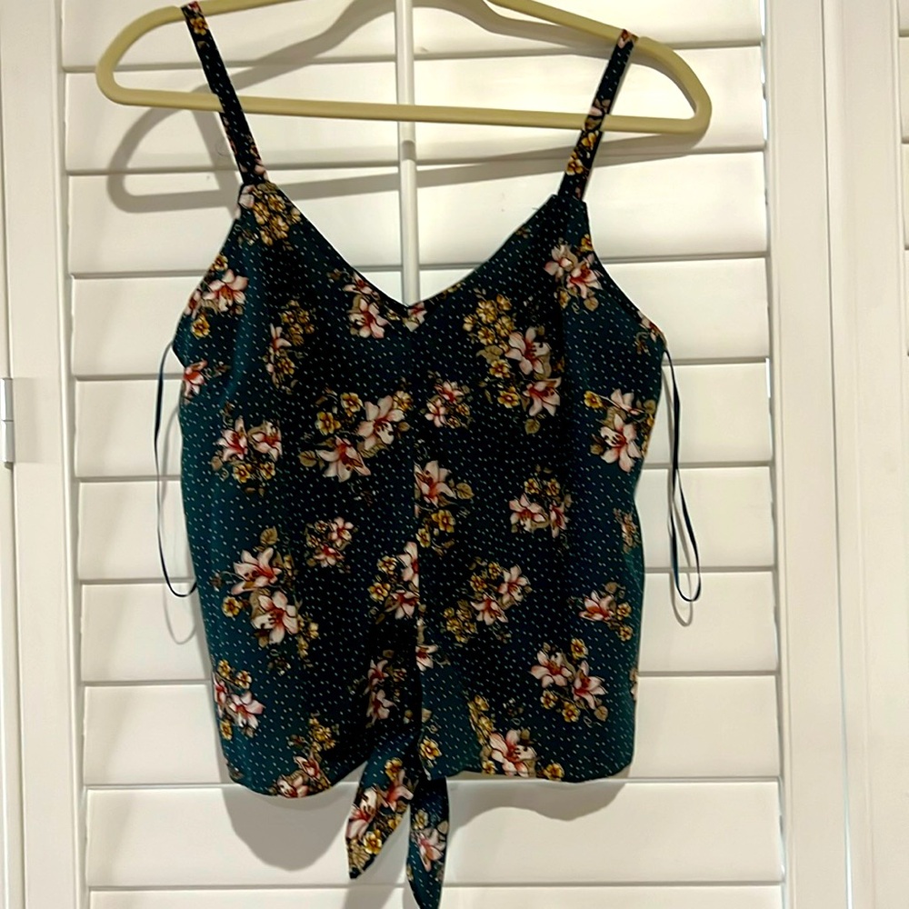 Strappy Dark Green & Beige Cream Florals with tiny polka dots front bow tie Top